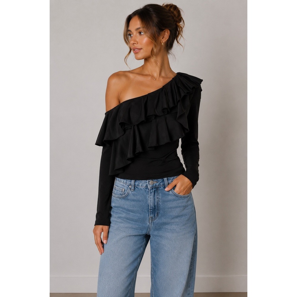 Alice Olivia Black One Shoulder Ruffle Party Going Out Crop Top 6
